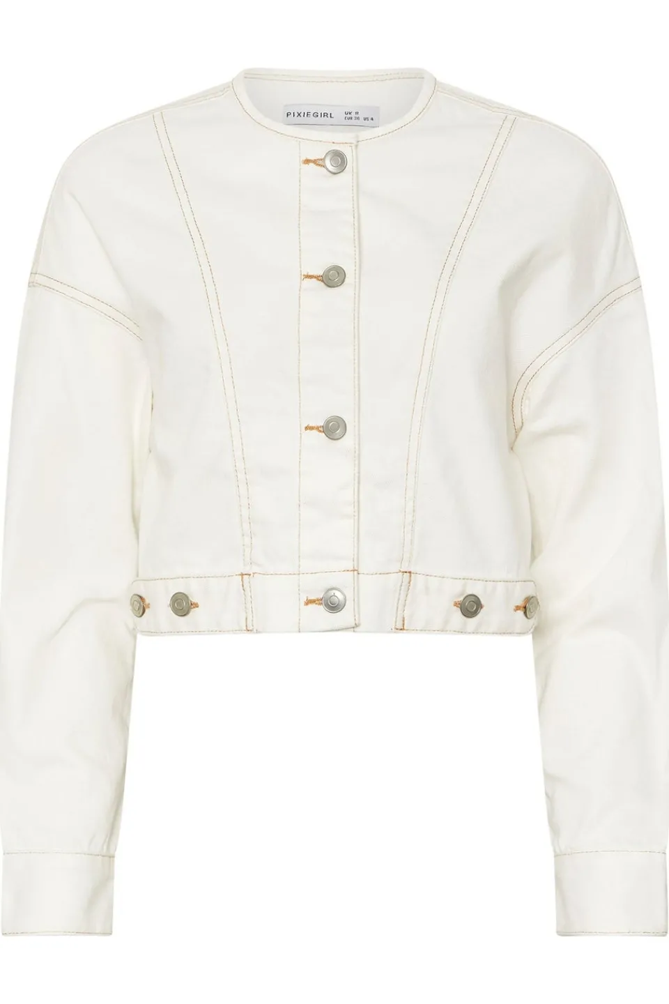 Coats & Jackets>PIXIEGIRL Petite Cream Denim Contrast Stitch Collarless Jacket