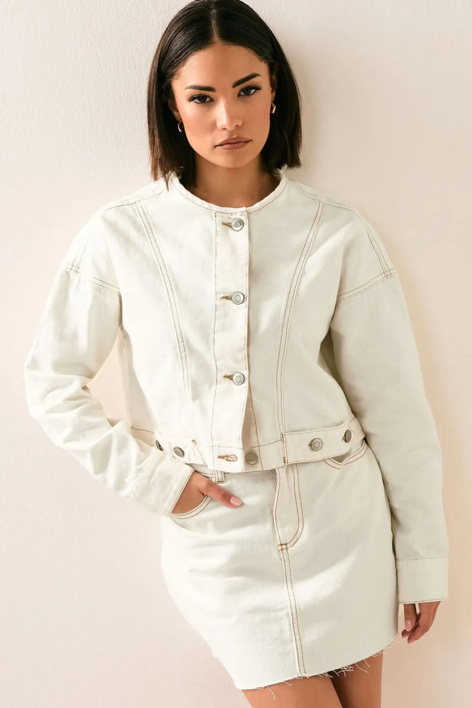 Coats & Jackets>PIXIEGIRL Petite Cream Denim Contrast Stitch Collarless Jacket