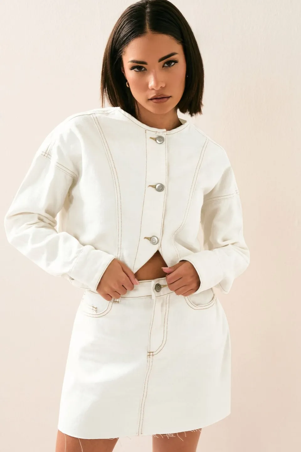 Skirts>PIXIEGIRL Petite Cream Denim Contrast Stitch Mini Skirt