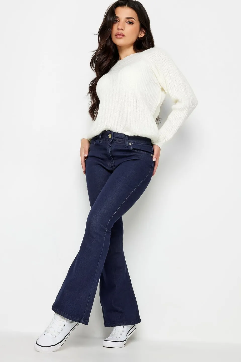 Jeans & Jeggings>PIXIEGIRL Petite Dark Blue Stretch Flared Jeans