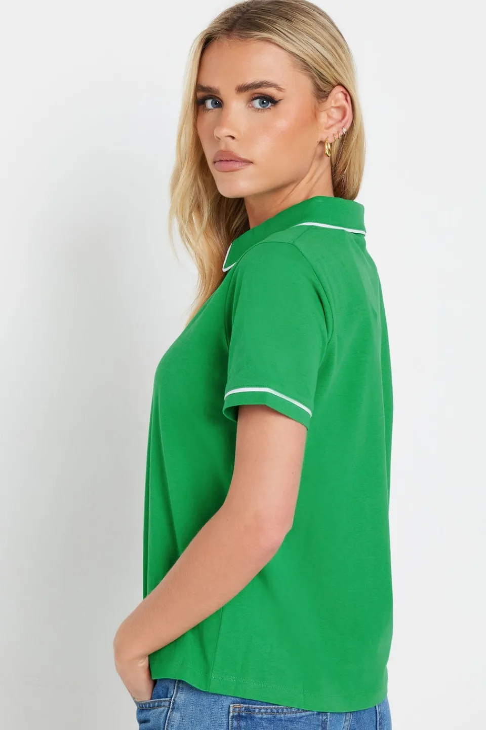 T-Shirts>PIXIEGIRL Petite Green Contrast Trim Polo Shirt