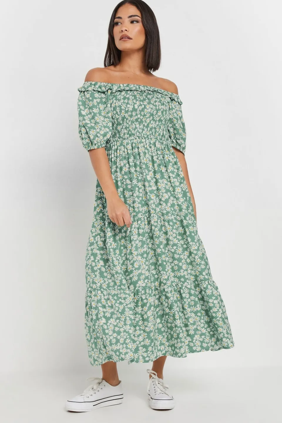 Dresses>PIXIEGIRL Petite Green Daisy Tiered Bardot Dress