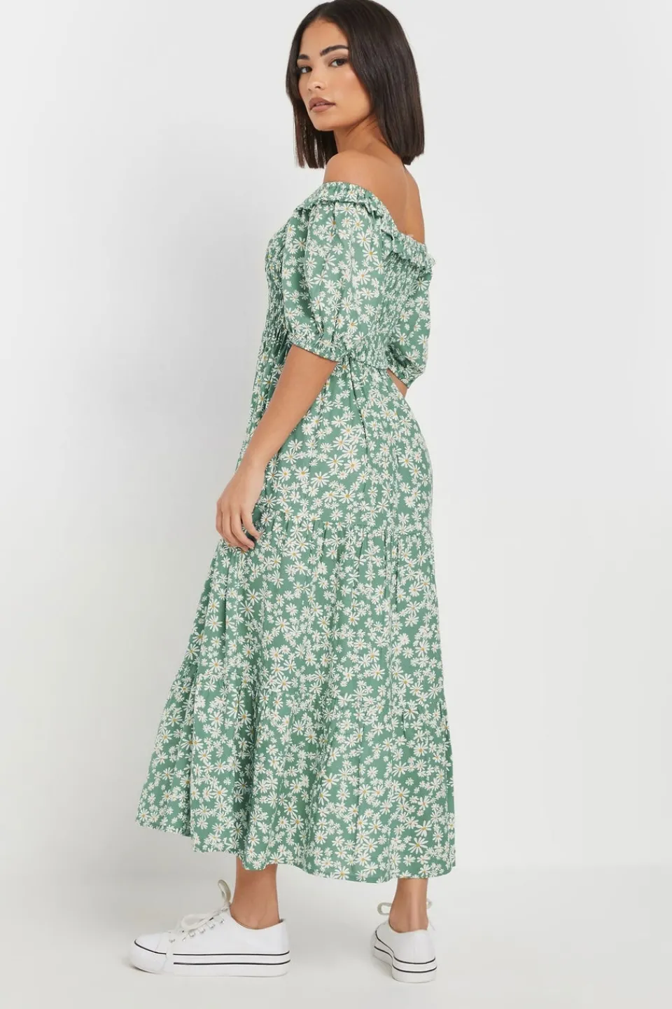 Dresses>PIXIEGIRL Petite Green Daisy Tiered Bardot Dress