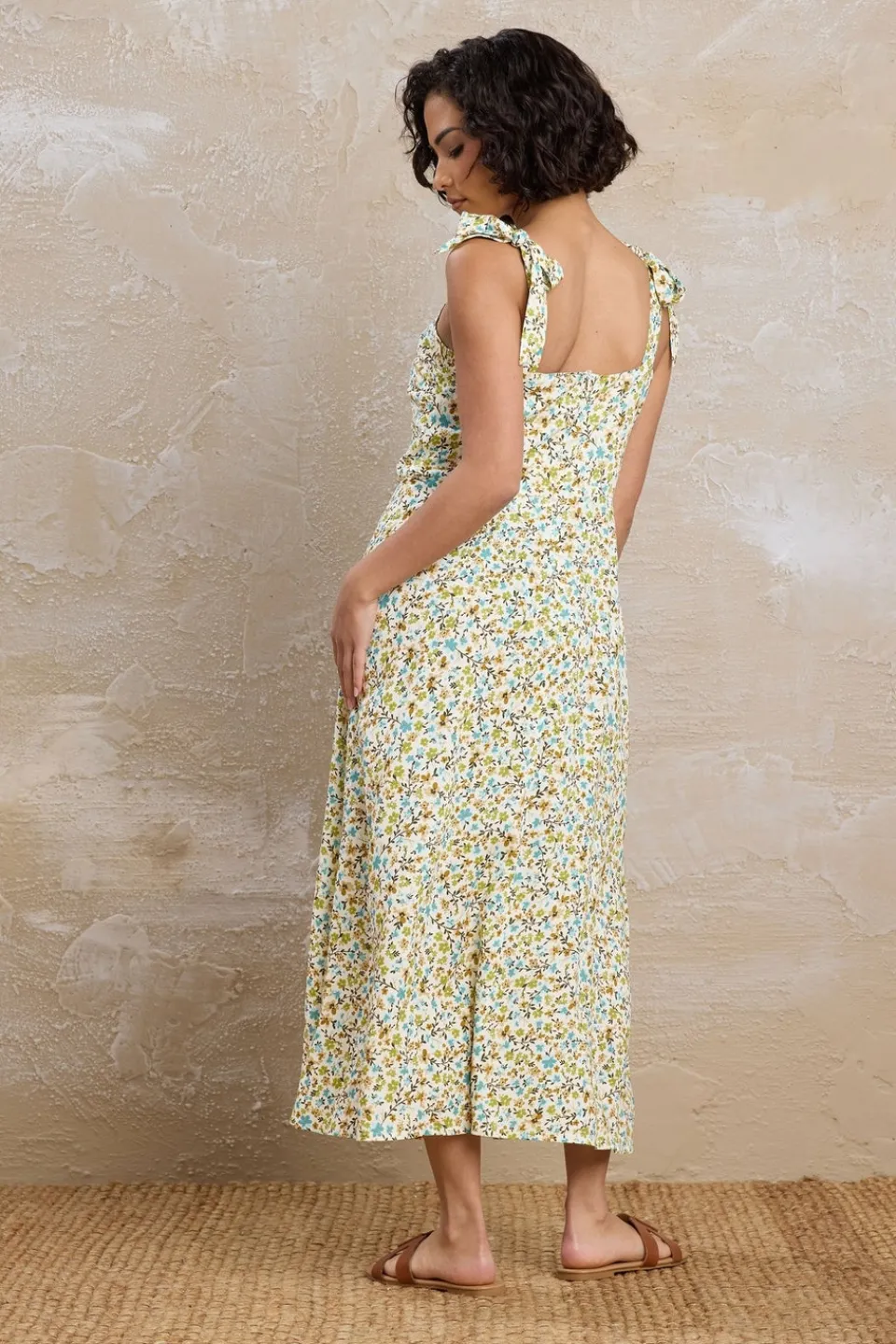 Dresses>PIXIEGIRL Petite Green Ditsy Floral Tie Shoulder Midi Dress