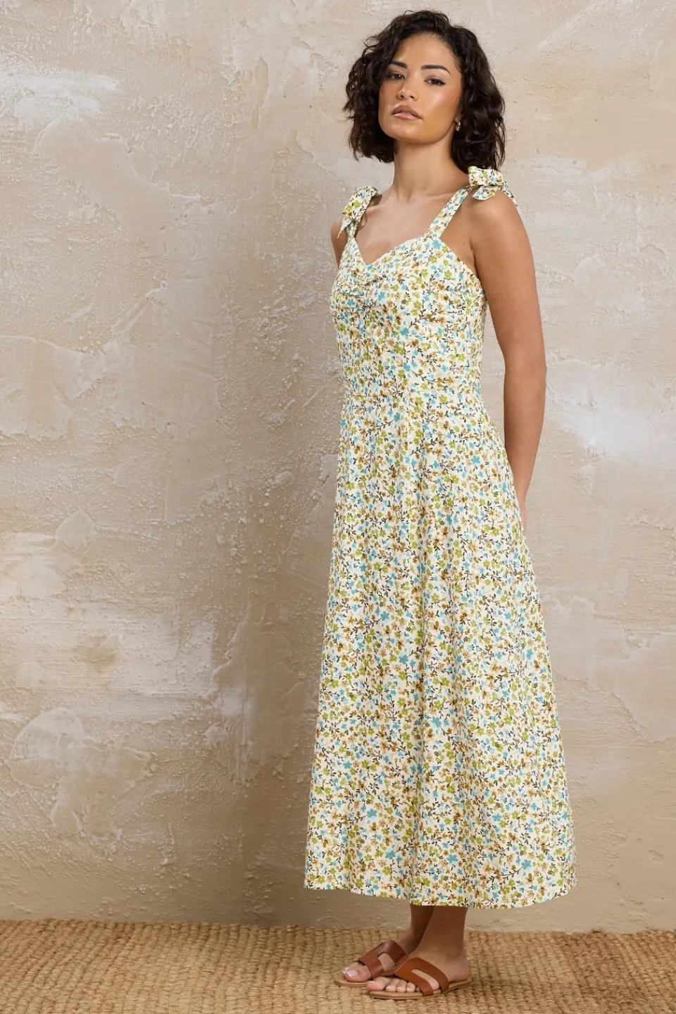 Dresses>PIXIEGIRL Petite Green Ditsy Floral Tie Shoulder Midi Dress