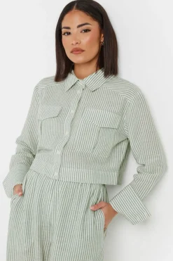 Tops>PIXIEGIRL Petite Green Linen Striped Pocket Shirt