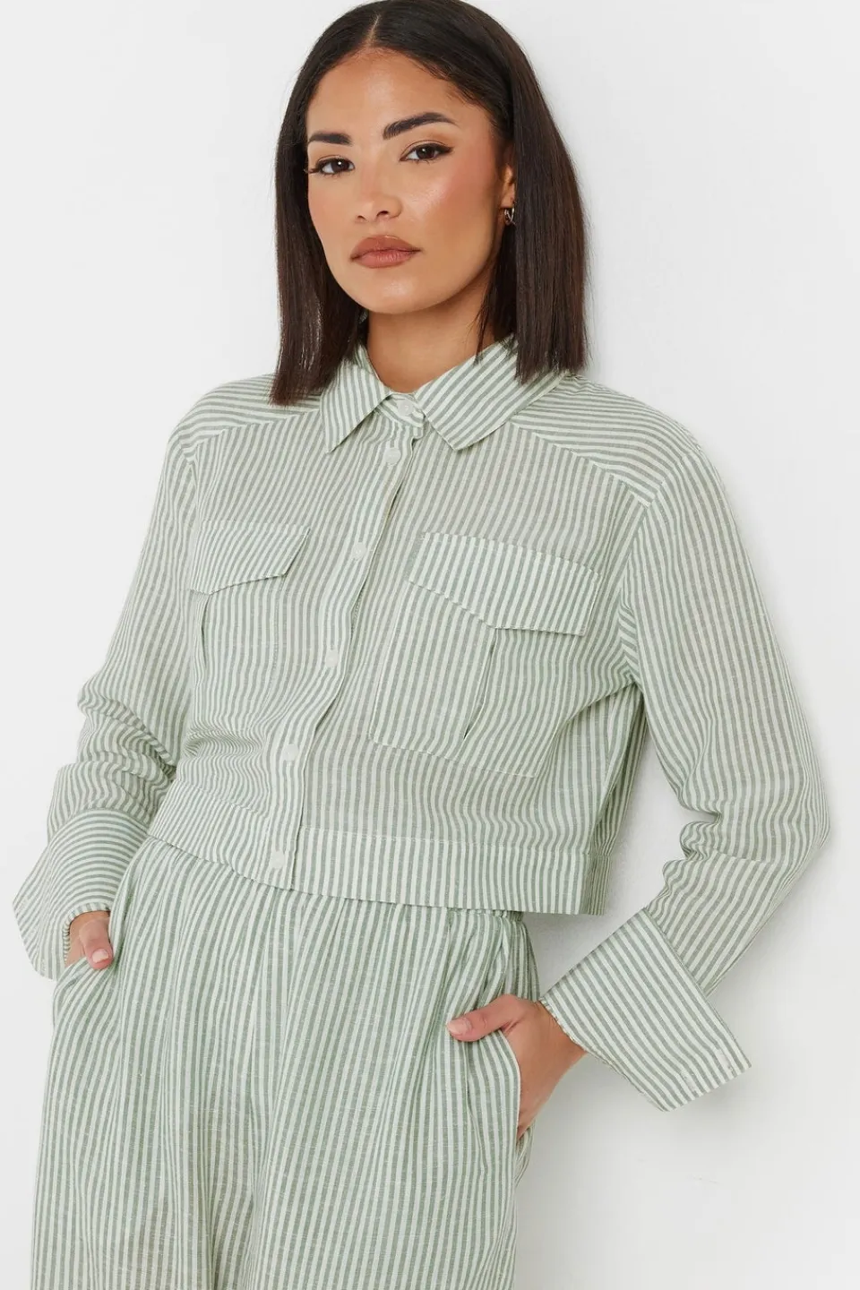 Tops>PIXIEGIRL Petite Green Linen Striped Pocket Shirt