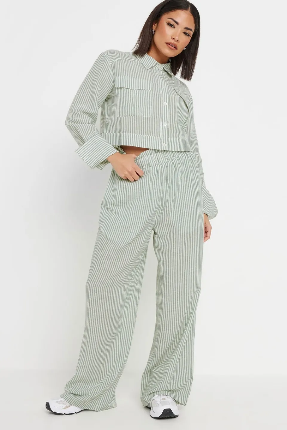 Tops>PIXIEGIRL Petite Green Linen Striped Pocket Shirt