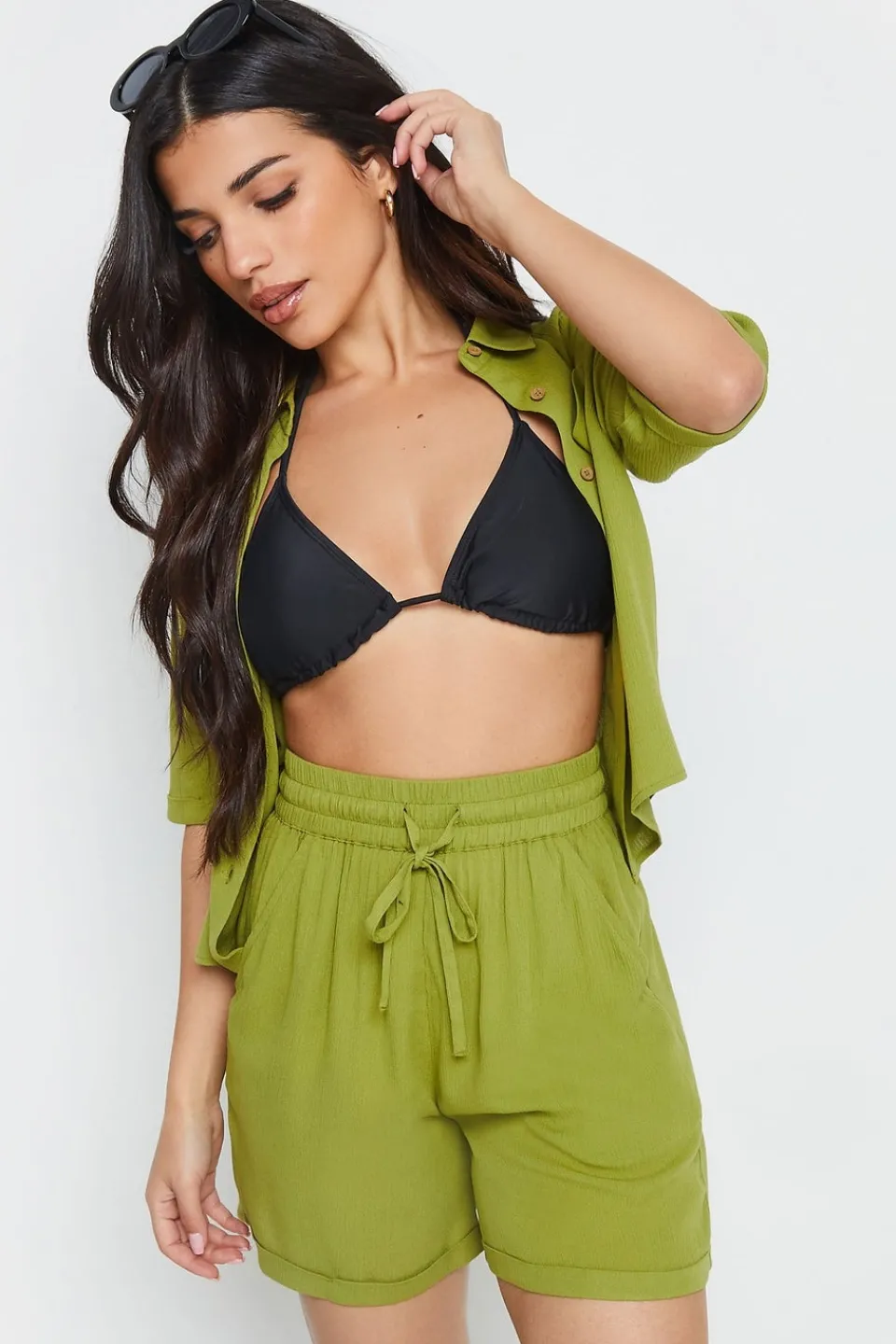 Shorts>PIXIEGIRL Petite Green Textured Tie Waist Shorts