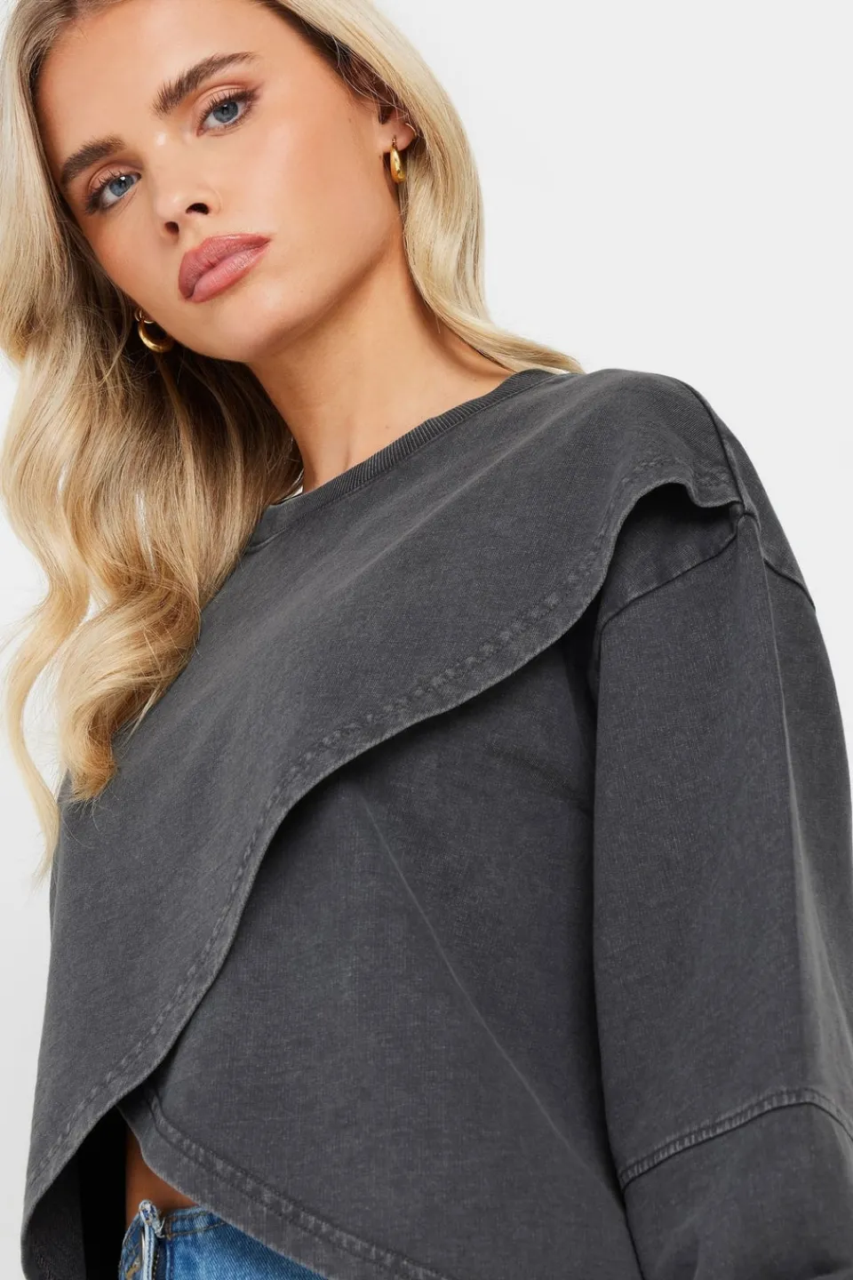 Loungewear>PIXIEGIRL Petite Grey Acid Wash Cross Over Sweatshirt