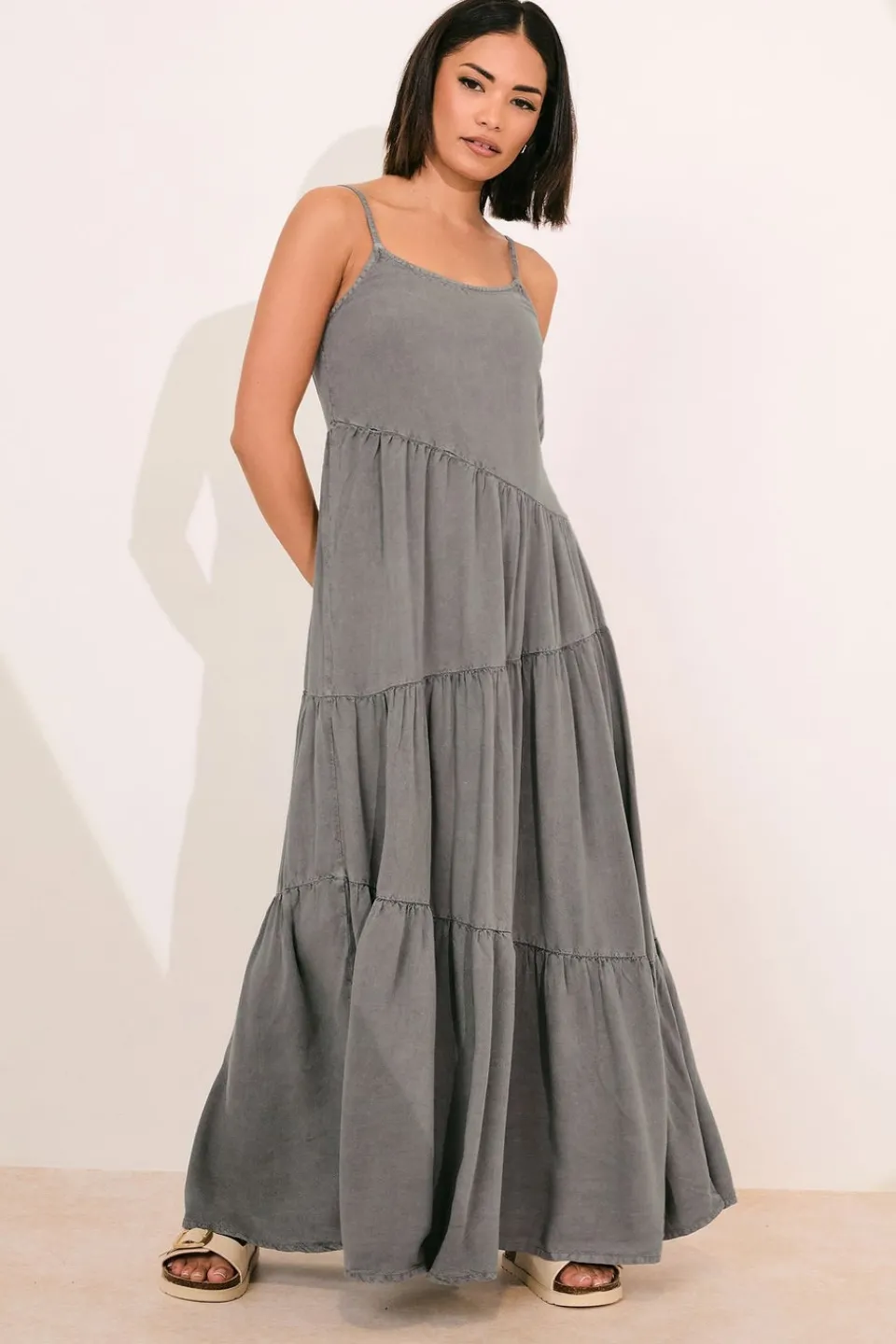 Dresses>PIXIEGIRL Petite Grey Acid Wash Asymmetric Tiered Maxi Dress