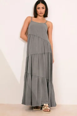 Dresses>PIXIEGIRL Petite Grey Acid Wash Asymmetric Tiered Maxi Dress