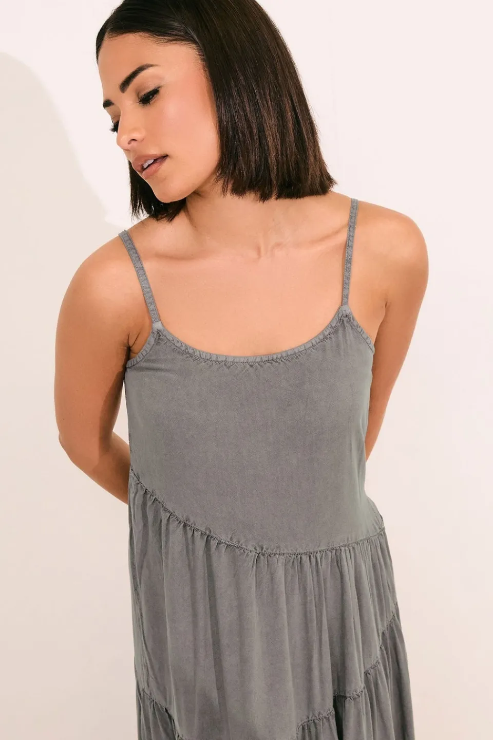 Dresses>PIXIEGIRL Petite Grey Acid Wash Asymmetric Tiered Maxi Dress