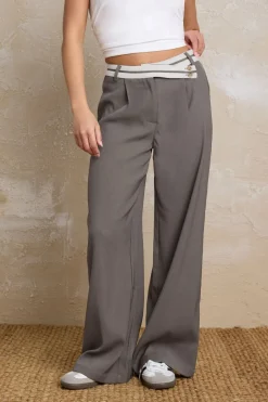 Trousers>PIXIEGIRL Petite Grey Cross Over Contrast Waistband Trousers