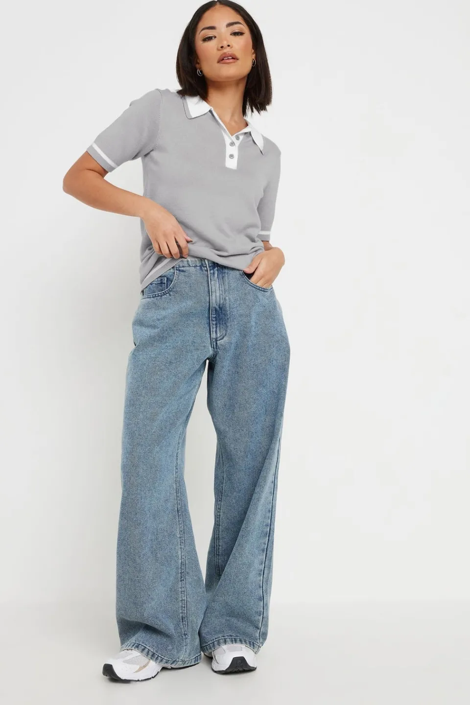 Tops>PIXIEGIRL Petite Grey Knit Contrast Polo Shirt