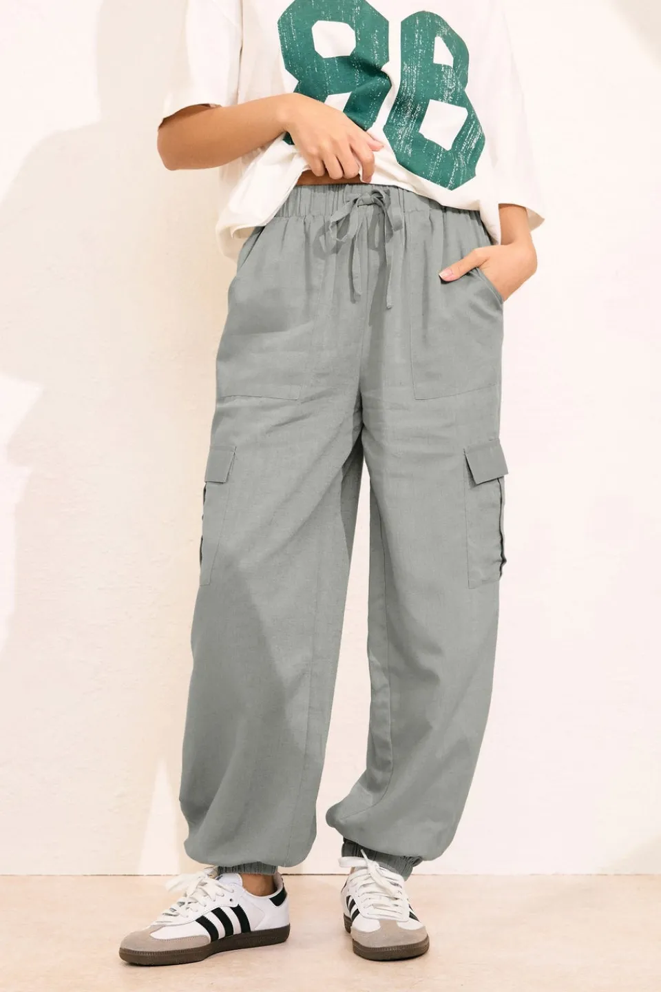 Trousers>PIXIEGIRL Petite Grey Linen Cargo Cuffed Joggers