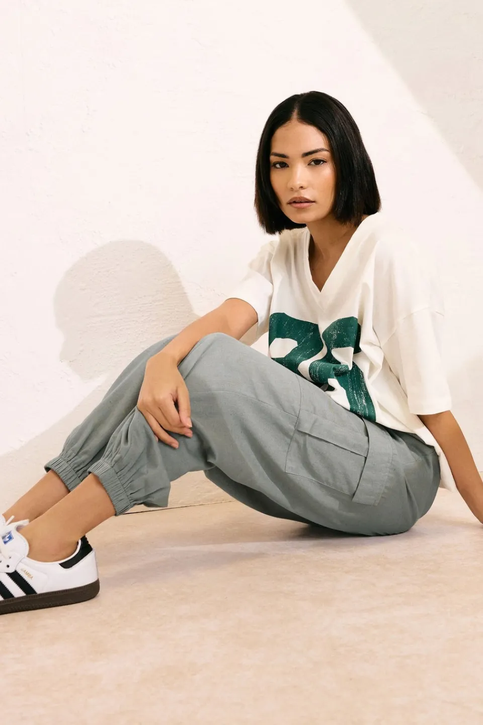 Trousers>PIXIEGIRL Petite Grey Linen Cargo Cuffed Joggers