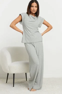 T-Shirts>PIXIEGIRL Petite Grey Ribbed Cowl Neck Top