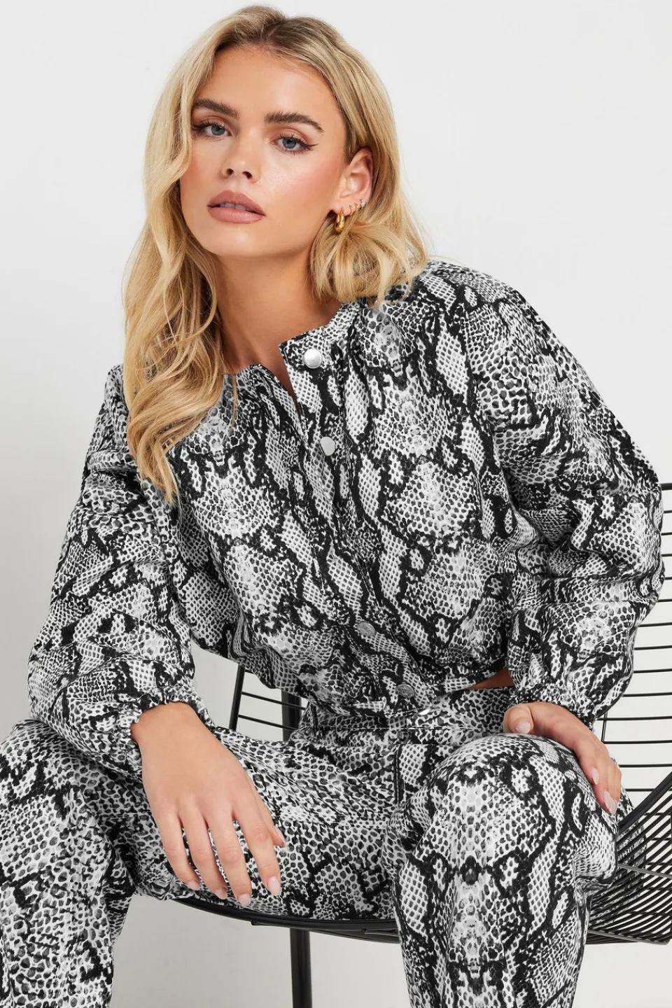 Coats & Jackets>PIXIEGIRL Petite Grey Snake Print Denim Bomber Jacket