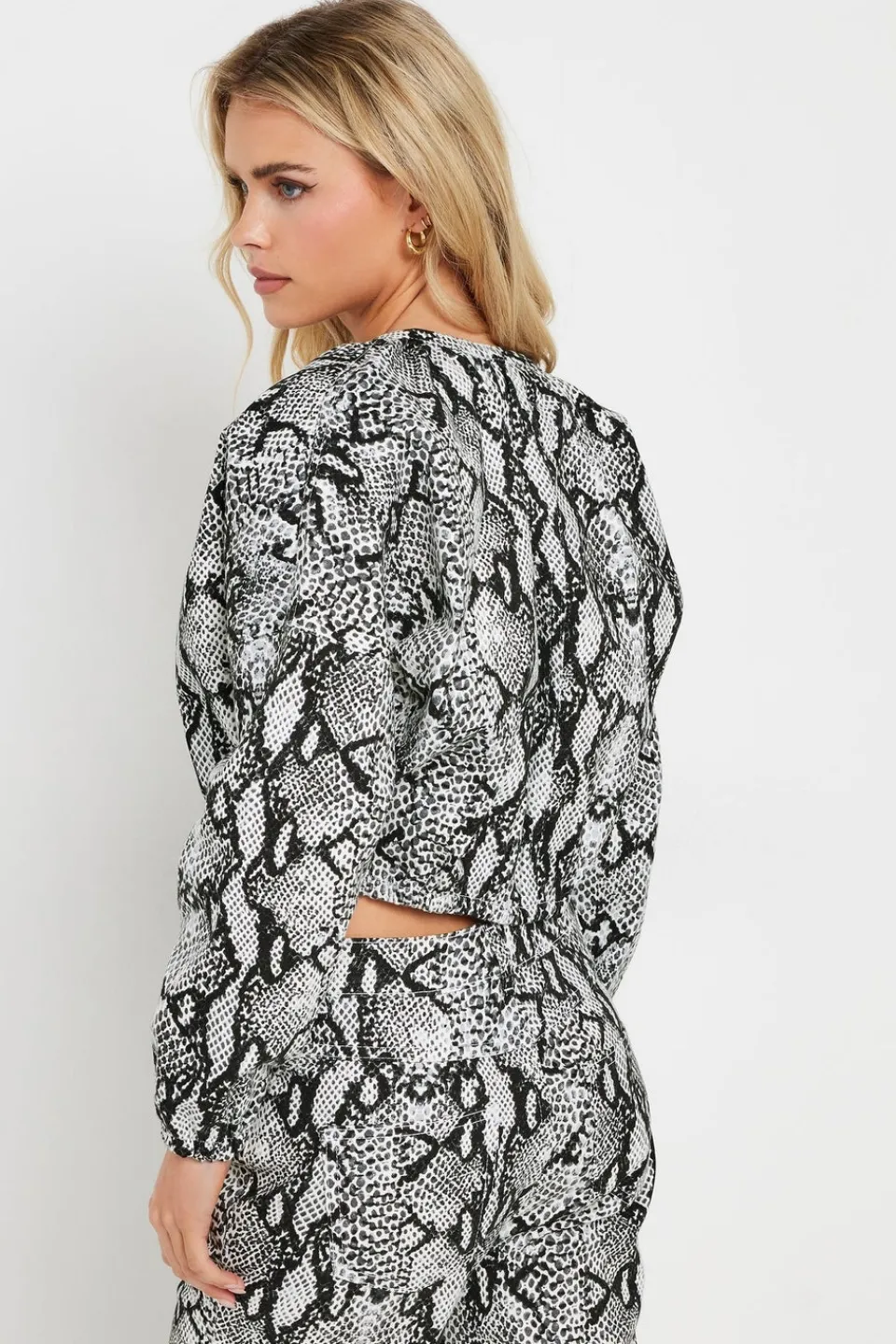 Coats & Jackets>PIXIEGIRL Petite Grey Snake Print Denim Bomber Jacket