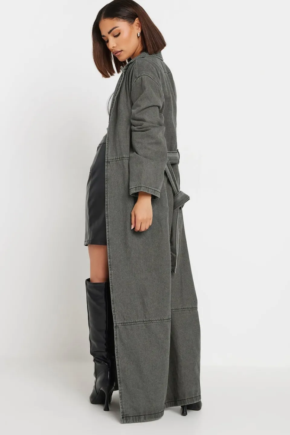 Coats & Jackets>PIXIEGIRL Petite Grey Wash Denim Longline Trench Coat
