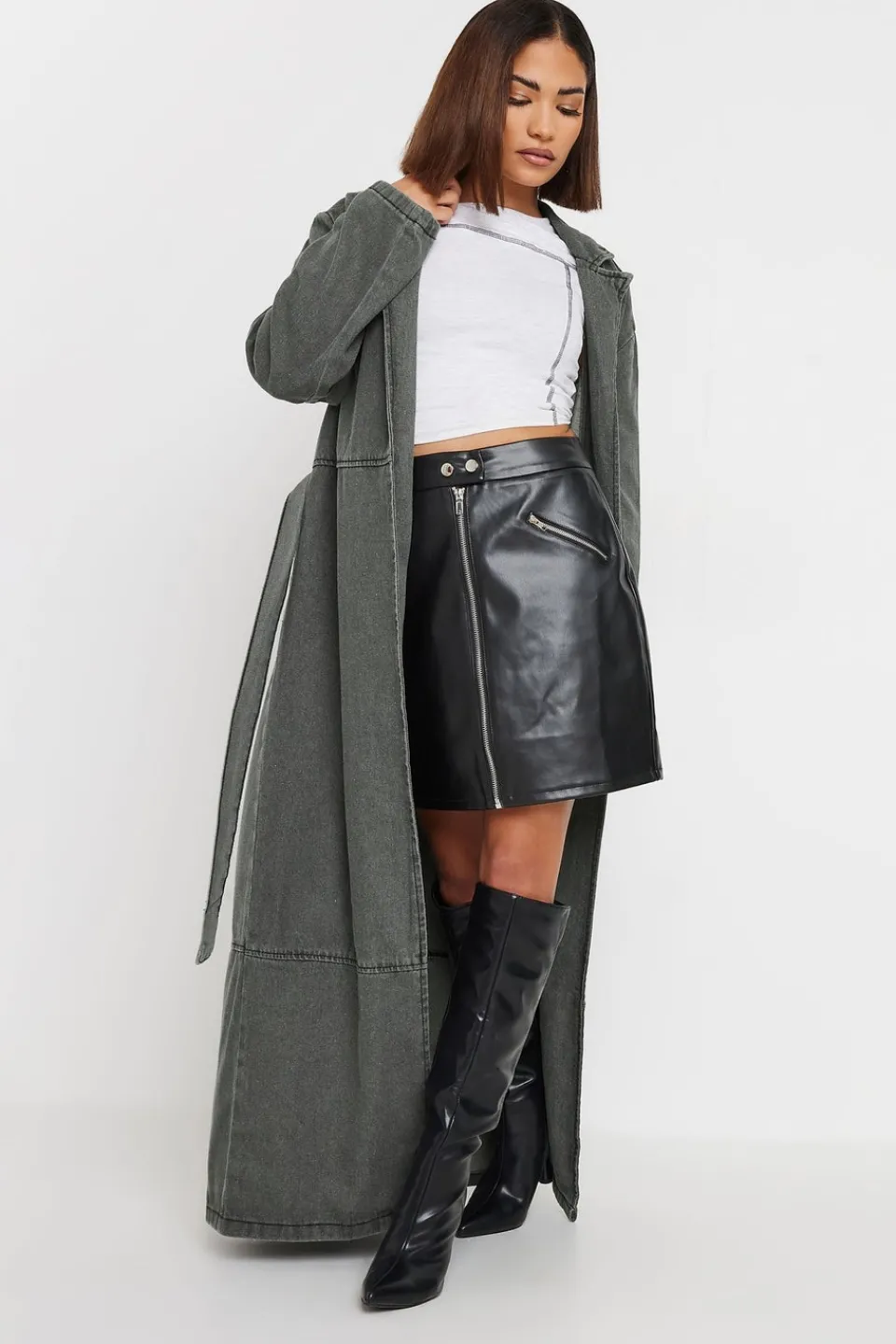 Coats & Jackets>PIXIEGIRL Petite Grey Wash Denim Longline Trench Coat