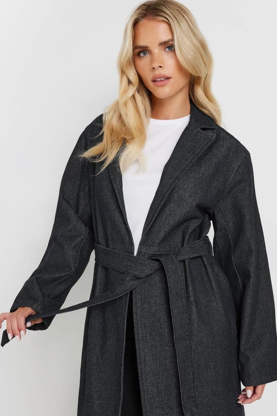 Coats & Jackets>PIXIEGIRL Petite Indigo Blue Denim Belted Trench Coat
