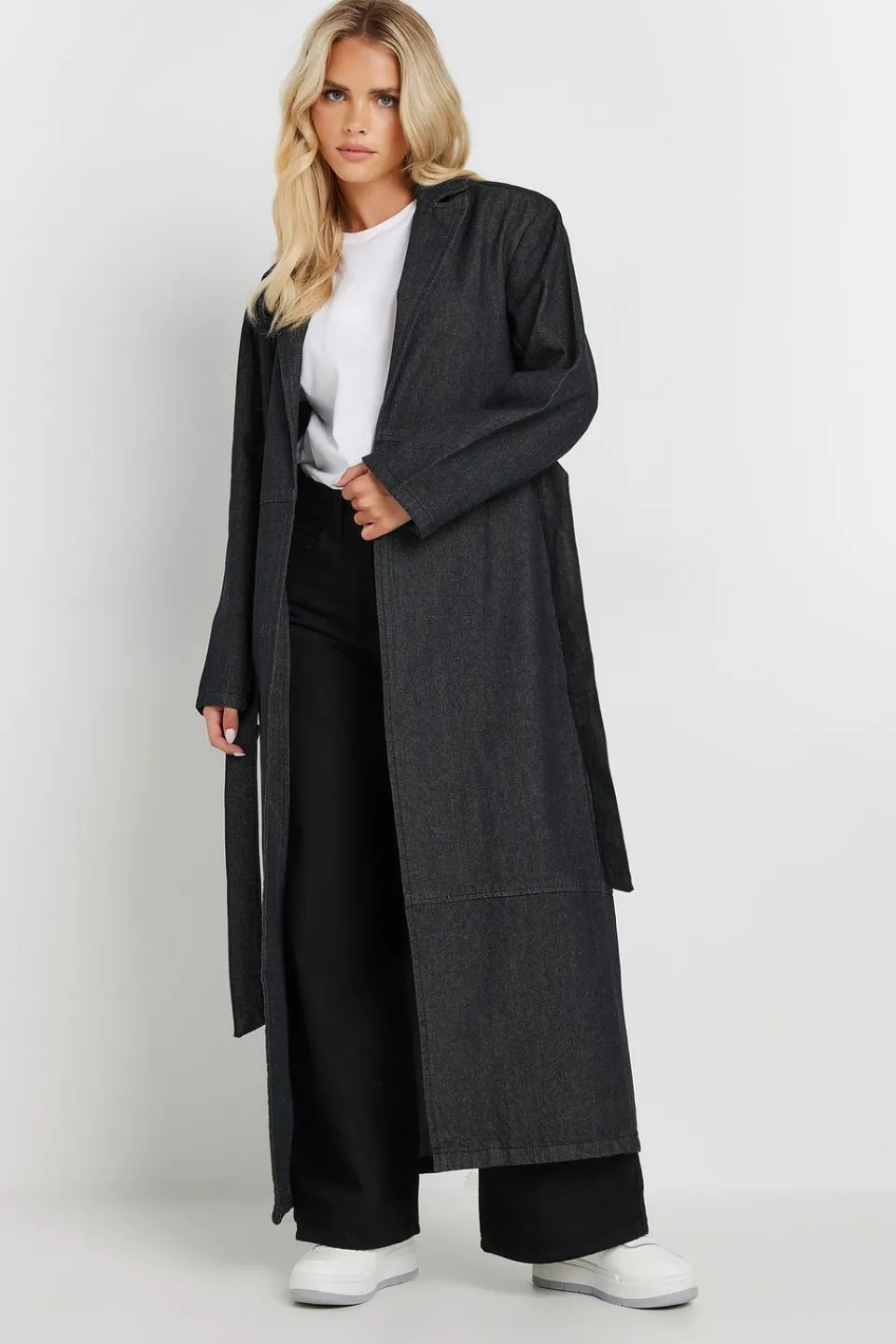 Coats & Jackets>PIXIEGIRL Petite Indigo Blue Denim Belted Trench Coat