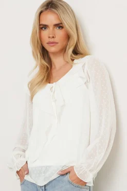 Tops>PIXIEGIRL Petite Ivory White Dobby Frill Blouse