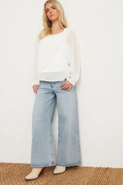 Tops>PIXIEGIRL Petite Ivory White Dobby Frill Blouse