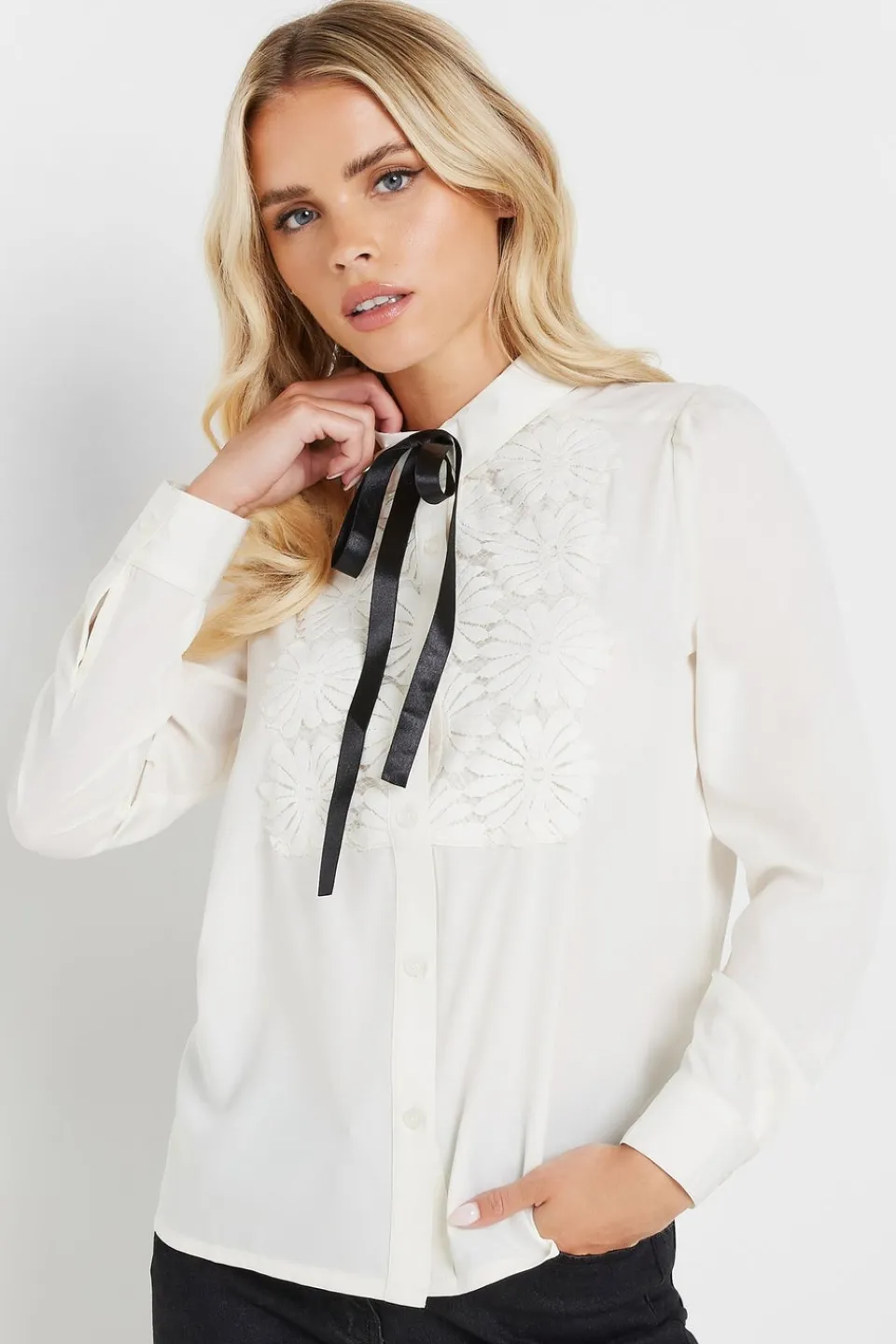 Tops>PIXIEGIRL Petite Ivory White Lace Trim Tie Neck Shirt