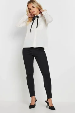 Tops>PIXIEGIRL Petite Ivory White Lace Trim Tie Neck Shirt