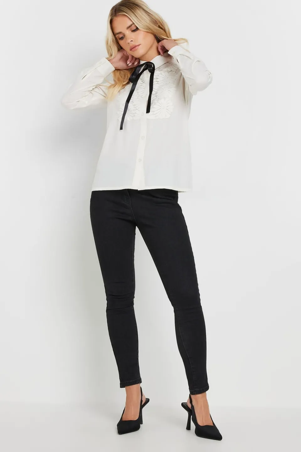 Tops>PIXIEGIRL Petite Ivory White Lace Trim Tie Neck Shirt