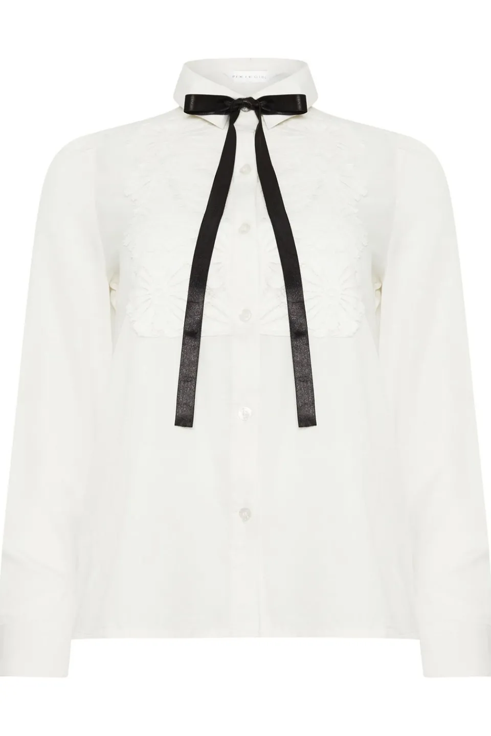 Tops>PIXIEGIRL Petite Ivory White Lace Trim Tie Neck Shirt