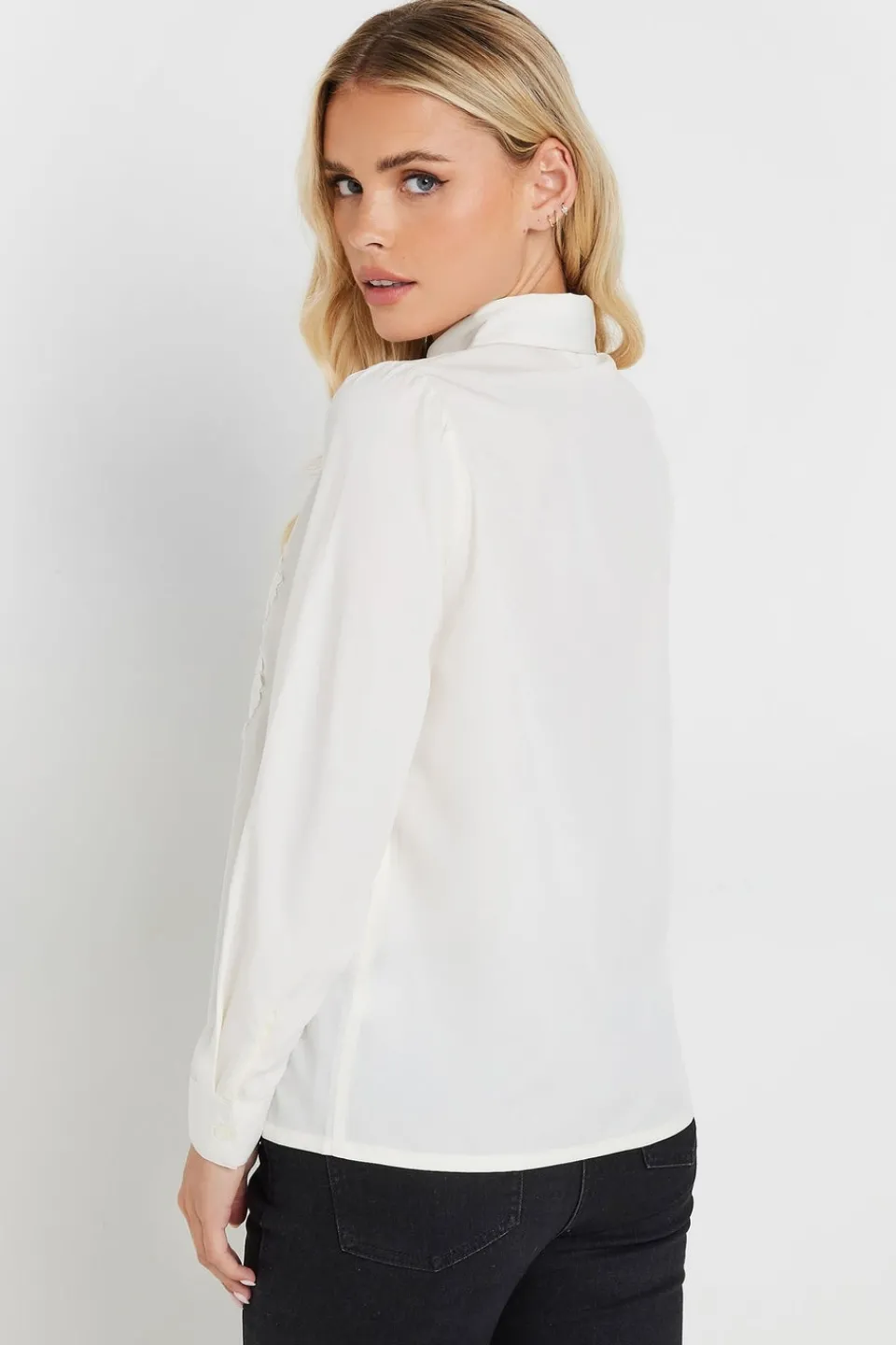 Tops>PIXIEGIRL Petite Ivory White Lace Trim Tie Neck Shirt