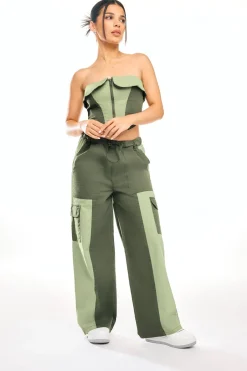 Trousers>PIXIEGIRL Petite Khaki Green Colourblock Cargo Trousers