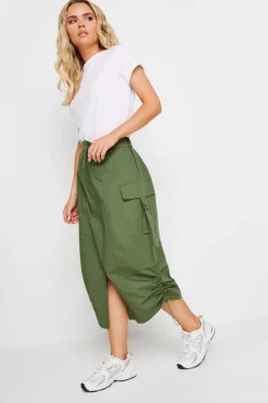 Skirts>PIXIEGIRL Petite Khaki Green Cargo Ruched Midi Skirt