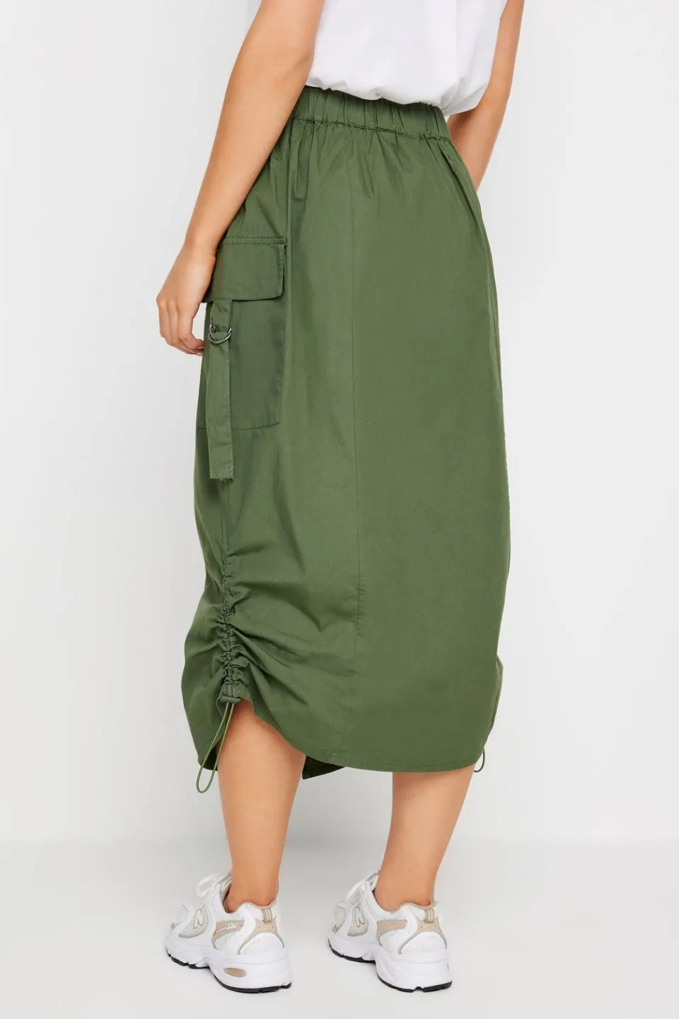 Skirts>PIXIEGIRL Petite Khaki Green Cargo Ruched Midi Skirt