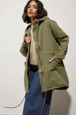 Coats & Jackets>PIXIEGIRL Petite Khaki Green Twill Parka Coat