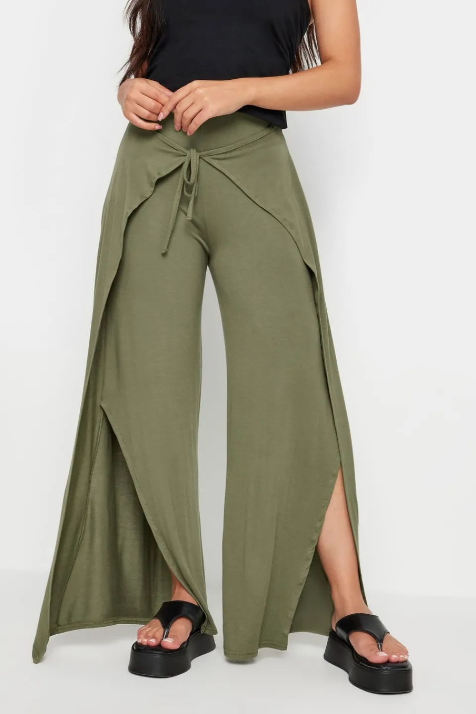Trousers>PIXIEGIRL Petite Khaki Green Wide Leg Wrap Trousers