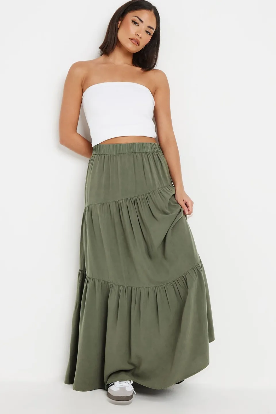 Skirts>PIXIEGIRL Petite Khaki Green Asymmetric Tiered Maxi Skirt