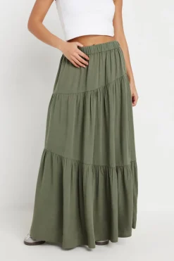 Skirts>PIXIEGIRL Petite Khaki Green Asymmetric Tiered Maxi Skirt