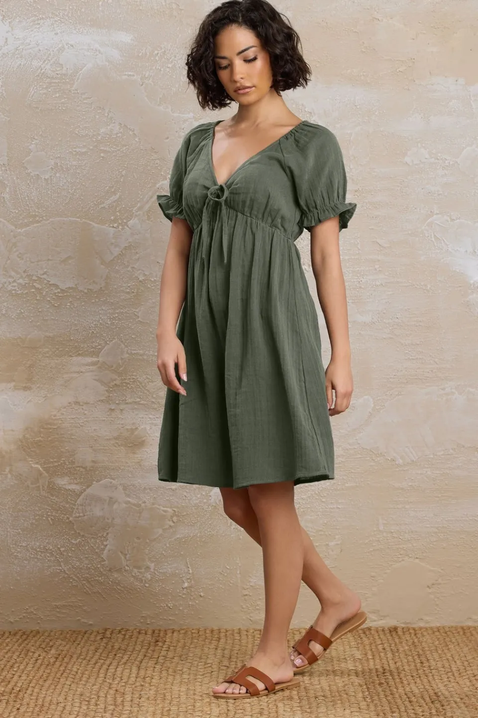 Dresses>PIXIEGIRL Petite Khaki Green Tie Front Mini Dress