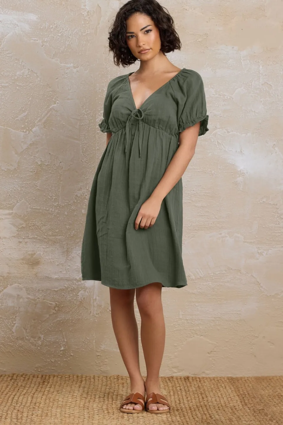 Dresses>PIXIEGIRL Petite Khaki Green Tie Front Mini Dress