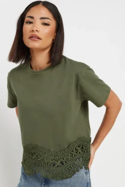 T-Shirts>PIXIEGIRL Petite Khaki Green Crochet Hemline T-Shirt