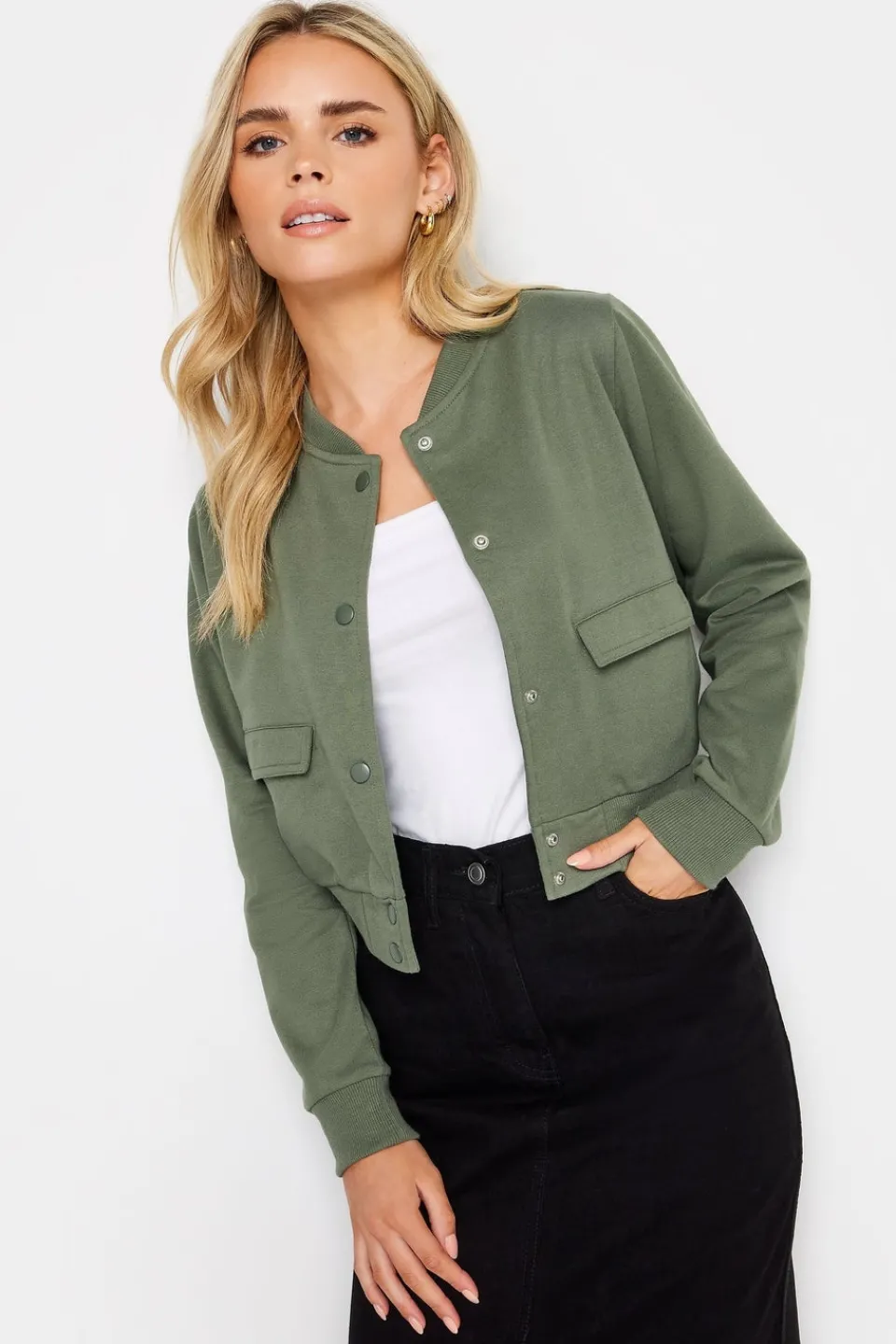 Coats & Jackets>PIXIEGIRL Petite Khaki Green Jersey Bomber Jacket