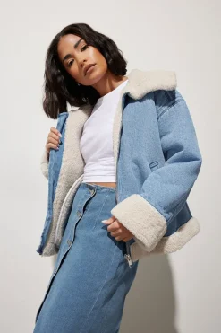 Coats & Jackets>PIXIEGIRL Petite Light Blue Denim Borg Zip Jacket
