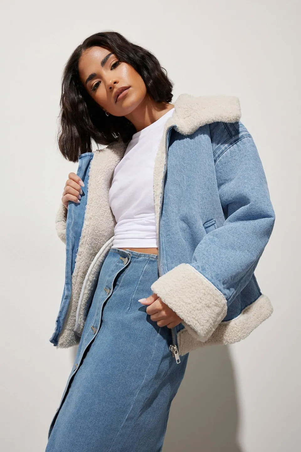 Coats & Jackets>PIXIEGIRL Petite Light Blue Denim Borg Zip Jacket