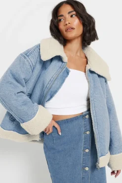 Coats & Jackets>PIXIEGIRL Petite Light Blue Denim Borg Zip Jacket