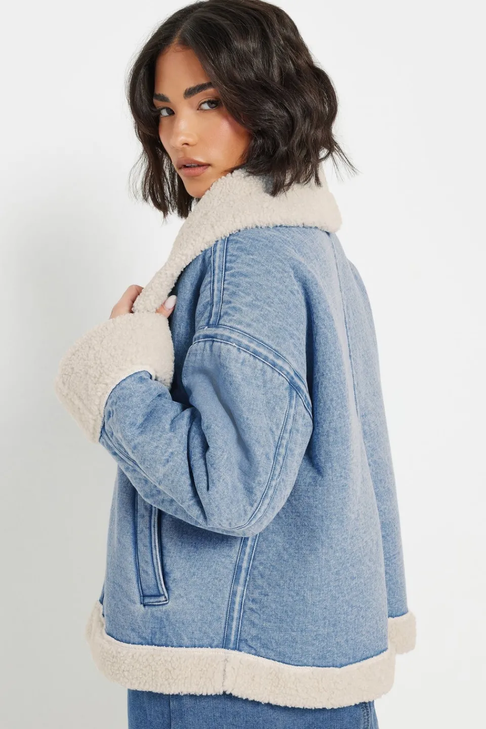 Coats & Jackets>PIXIEGIRL Petite Light Blue Denim Borg Zip Jacket